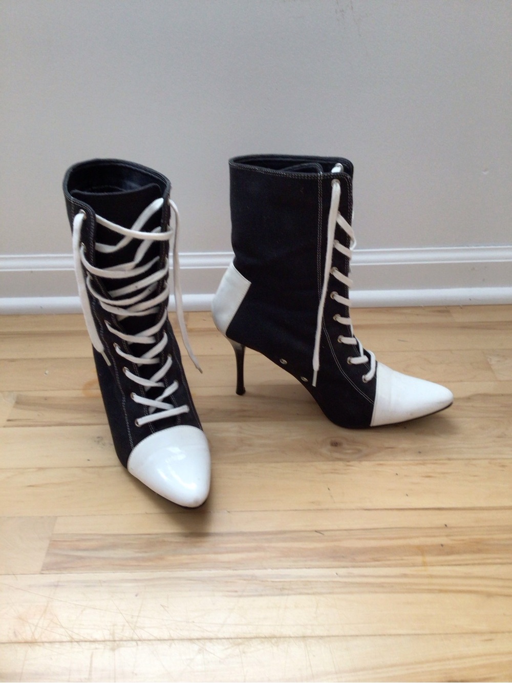Black and White Lace-Up Stiletto Ankle Boots